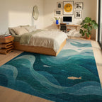 Deep Blue Ocean Waves with Fish Rug - Bedroom View