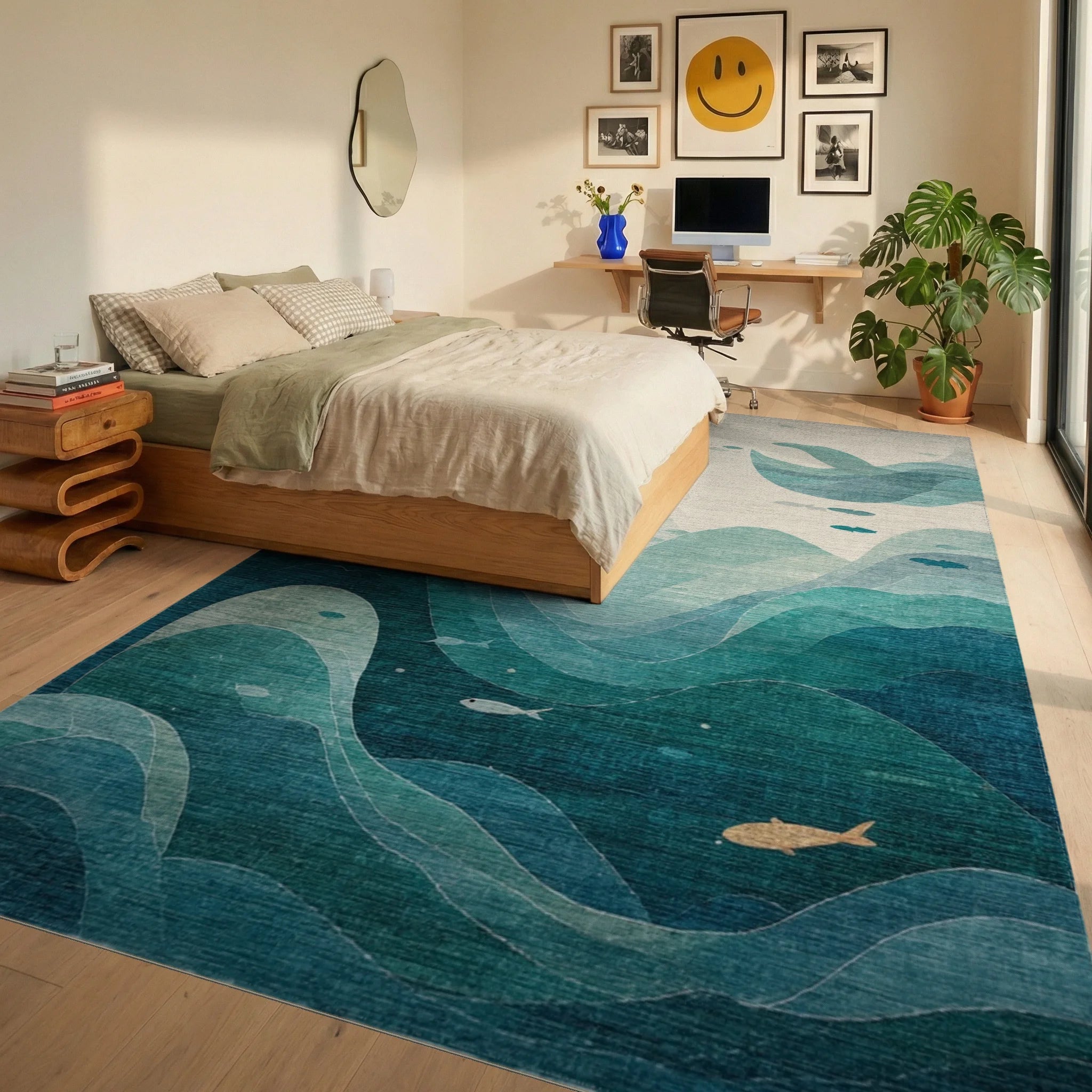 Deep Blue Ocean Waves with Fish Rug - Bedroom View
