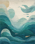 Deep Blue Ocean Waves with Fish Rug - Cutout View