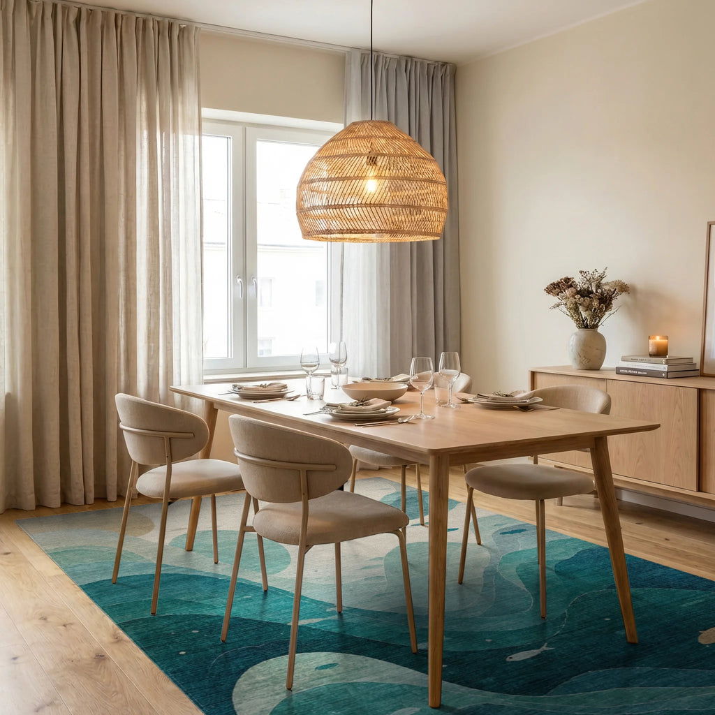 Deep Blue Ocean Waves with Fish Rug - Dining Room View