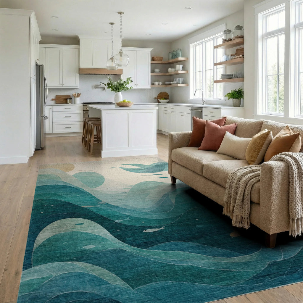Deep Blue Ocean Waves with Fish Rug - Living Room View