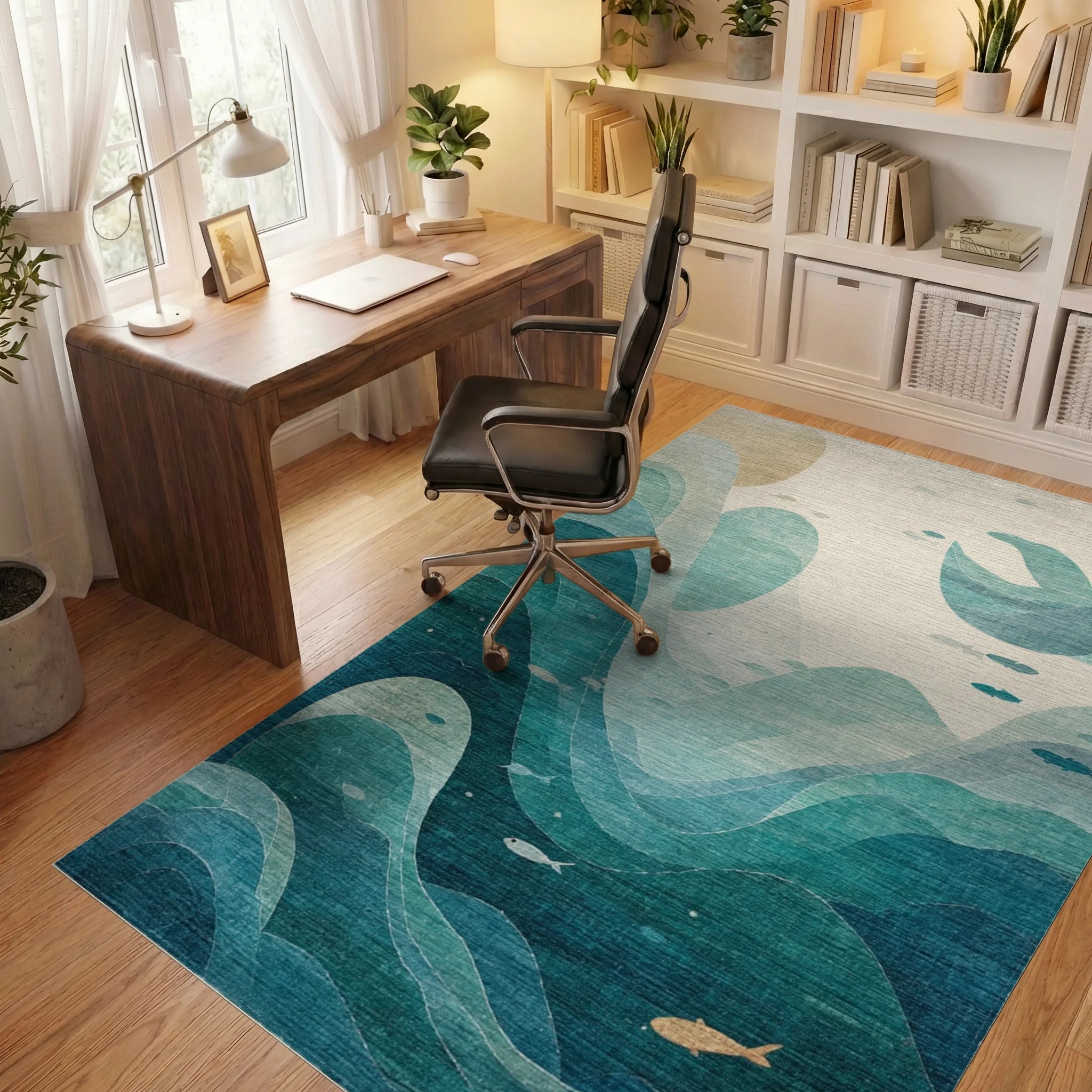 Deep Blue Ocean Waves with Fish Rug - Office View