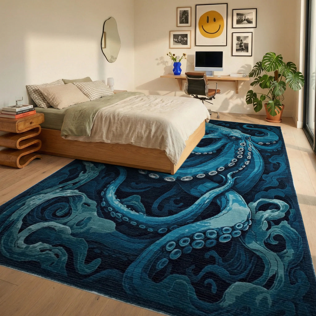 Deep Blue Oceanic Octopus Swirl Rug - Bedroom View