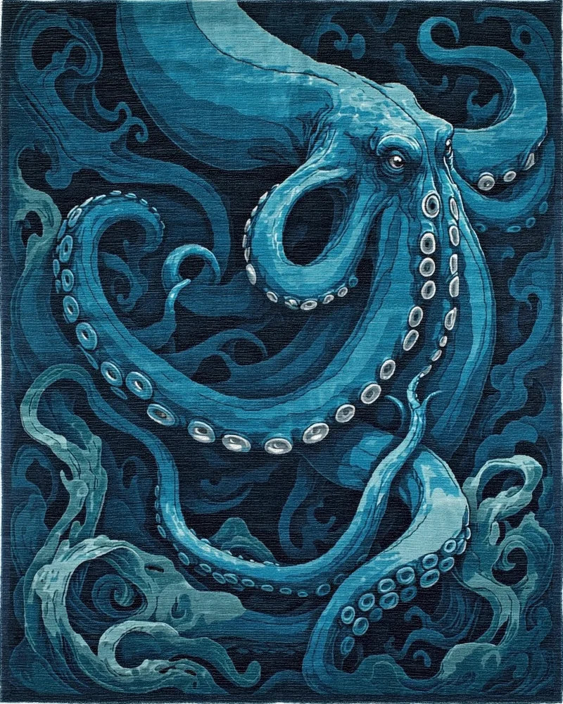 Deep Blue Oceanic Octopus Swirl Rug - Cutout View
