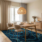 Deep Blue Oceanic Octopus Swirl Rug - Dining Room View
