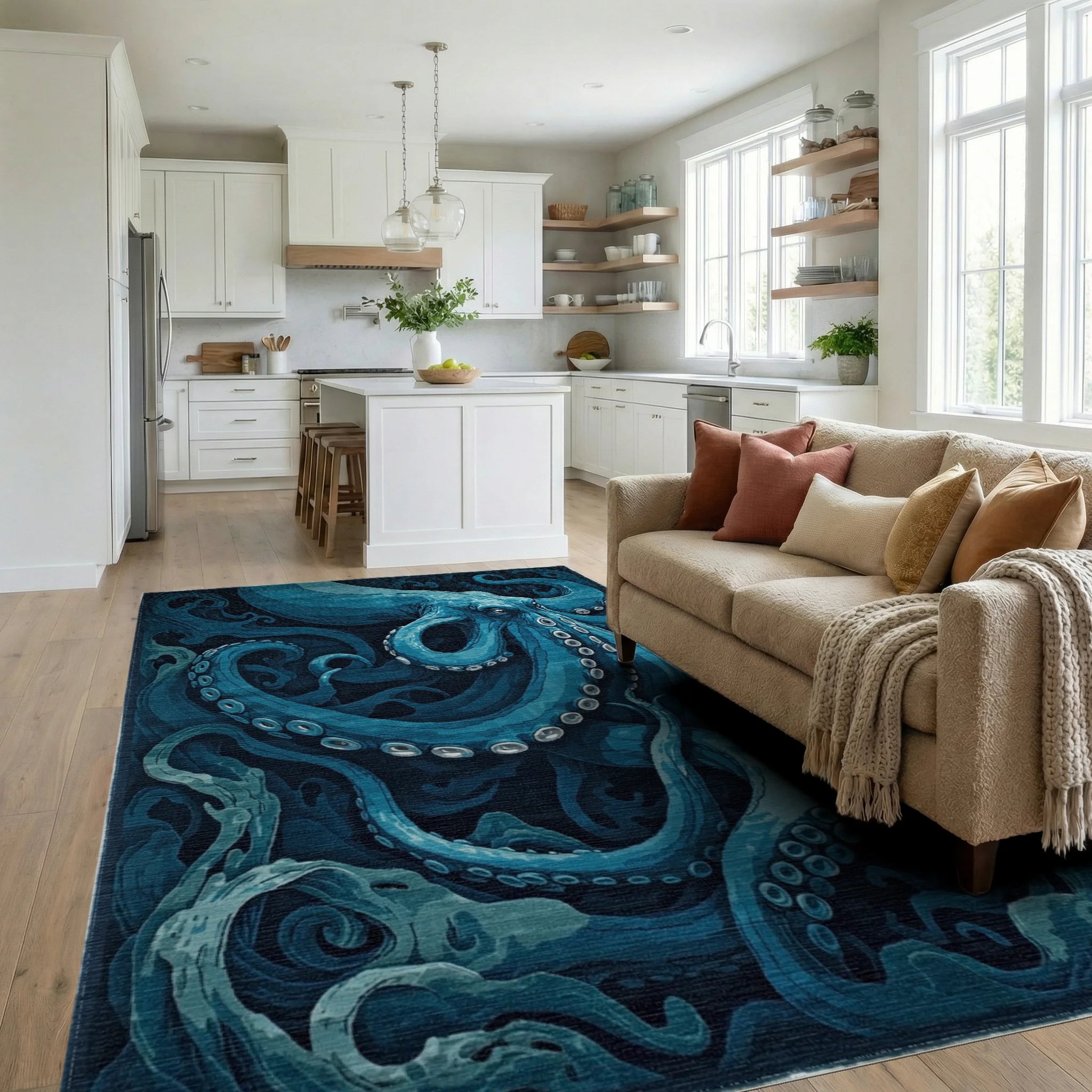 Deep Blue Oceanic Octopus Swirl Rug - Living Room View