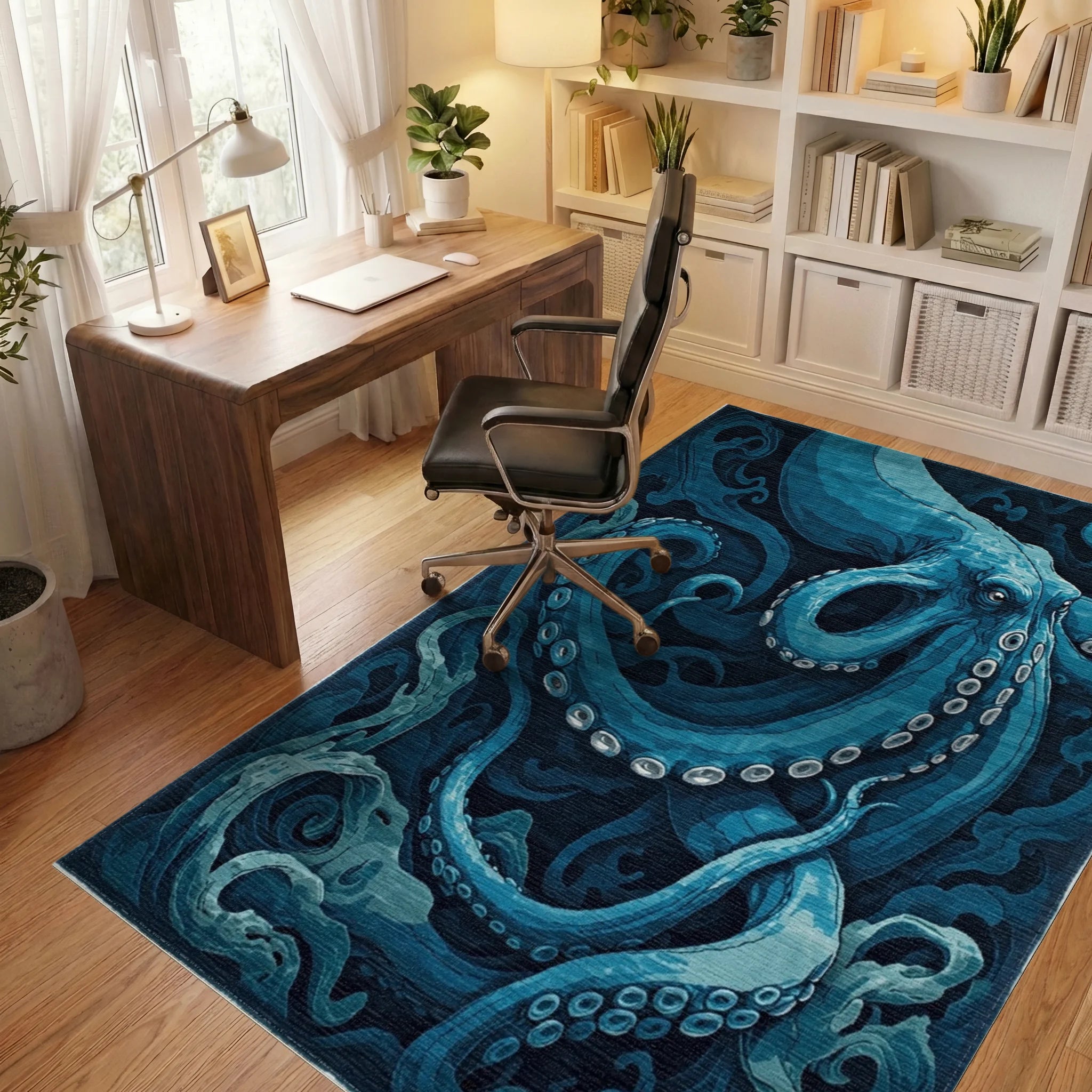 Deep Blue Oceanic Octopus Swirl Rug - Office View