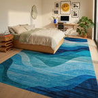 Deep Blue Oceanic Wave Rug - Bedroom View