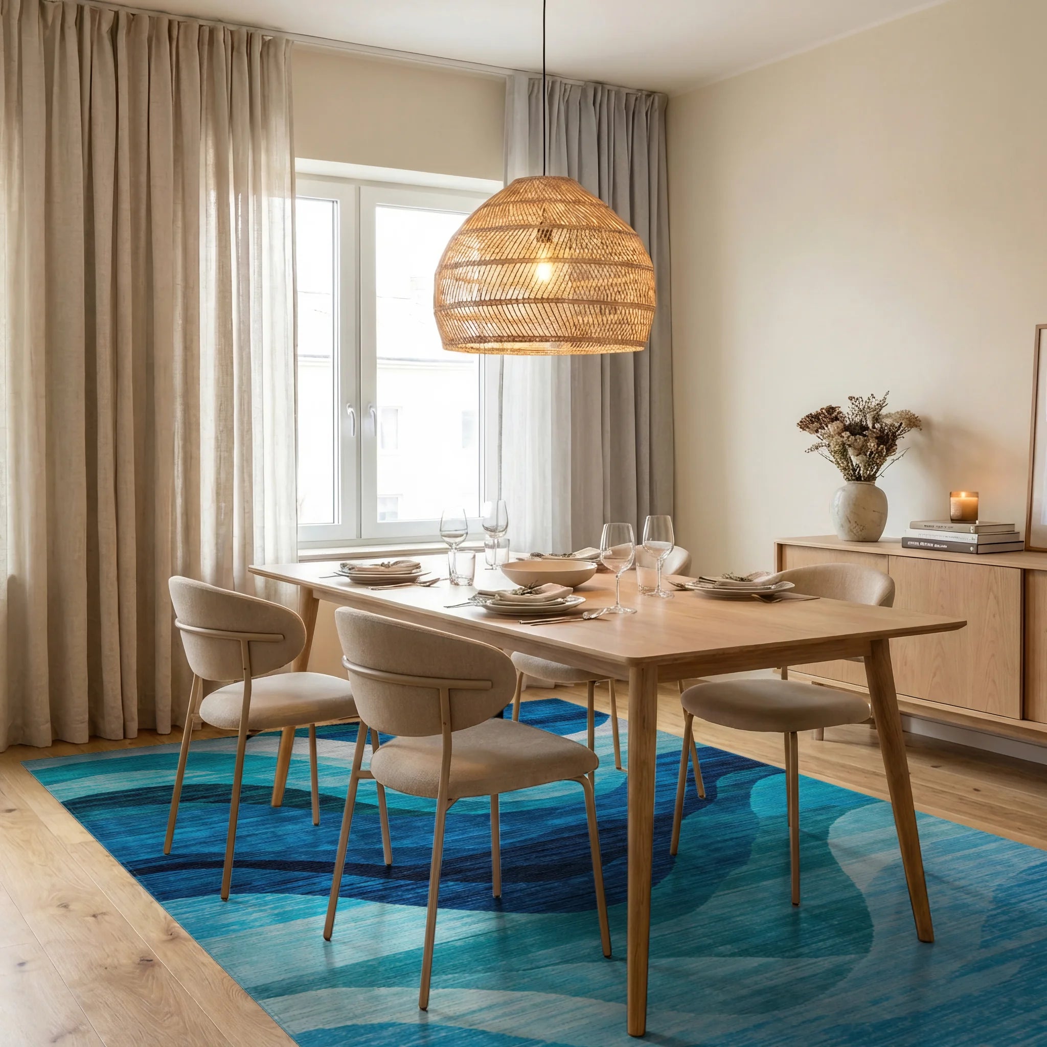 Deep Blue Oceanic Wave Rug - Dining Room View