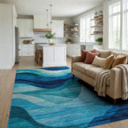 Deep Blue Oceanic Wave Rug - Living Room View