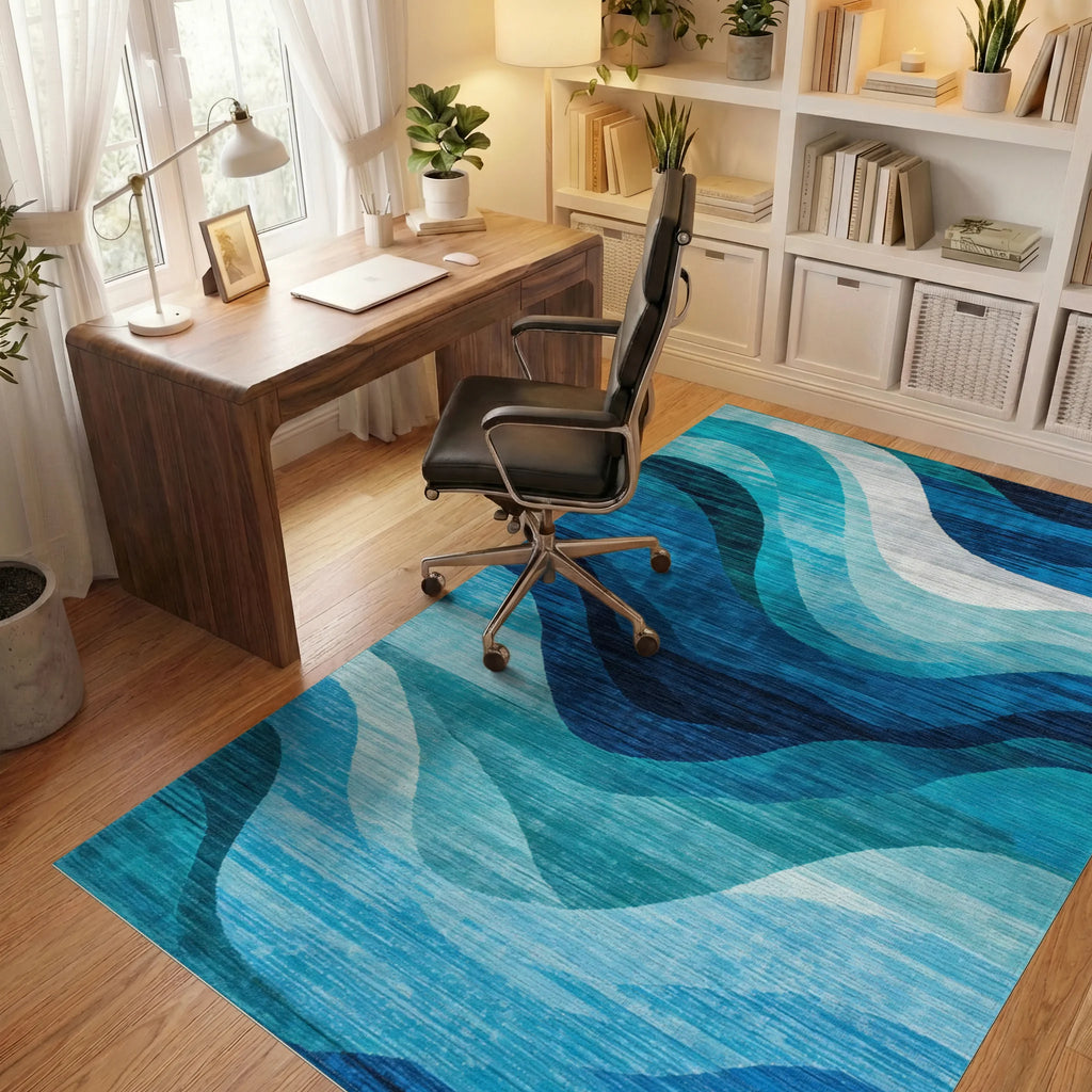 Deep Blue Oceanic Wave Rug - Office View