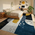 Deep Blue Ochre Geometric Abstract Rug - Bedroom View