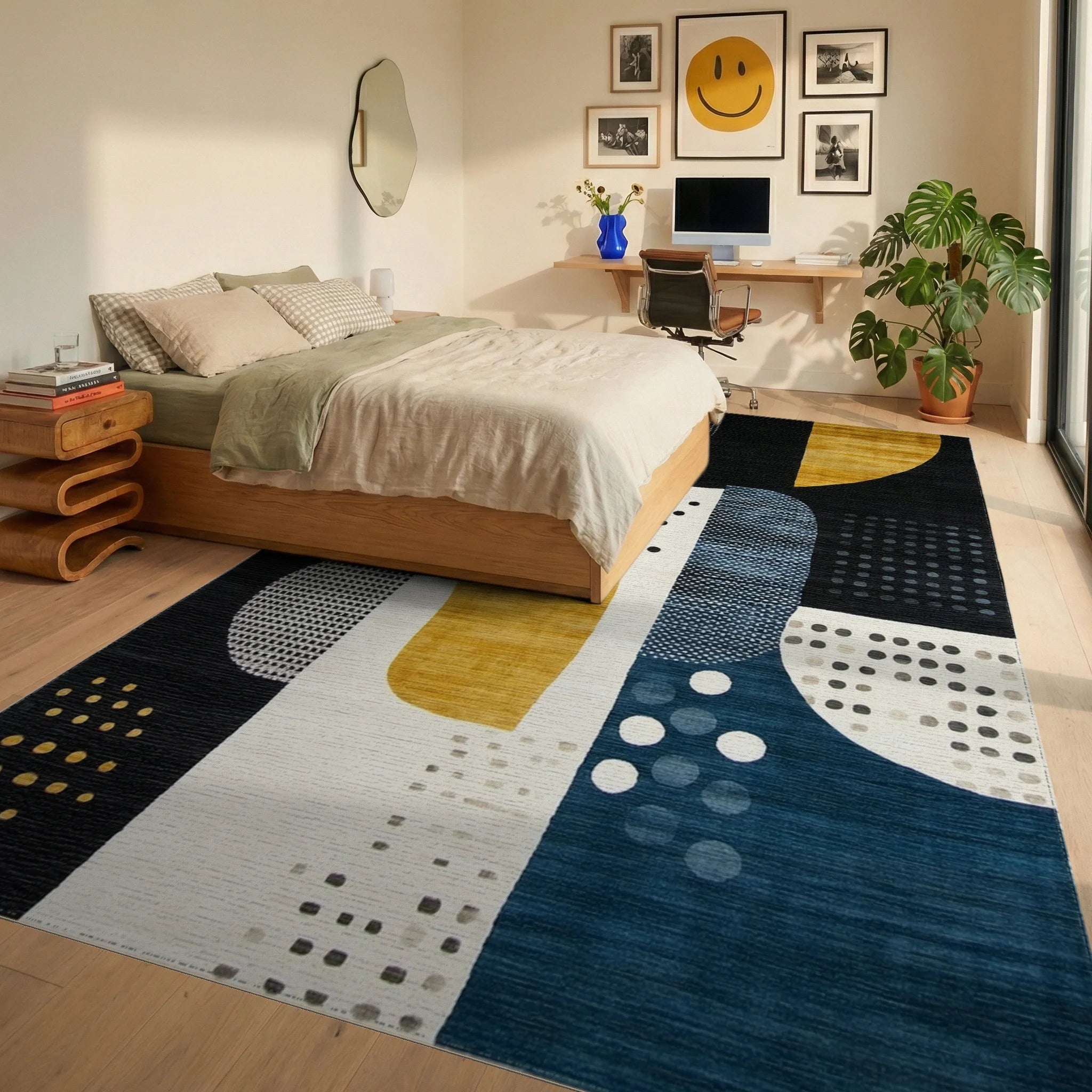 Deep Blue Ochre Geometric Abstract Rug - Bedroom View