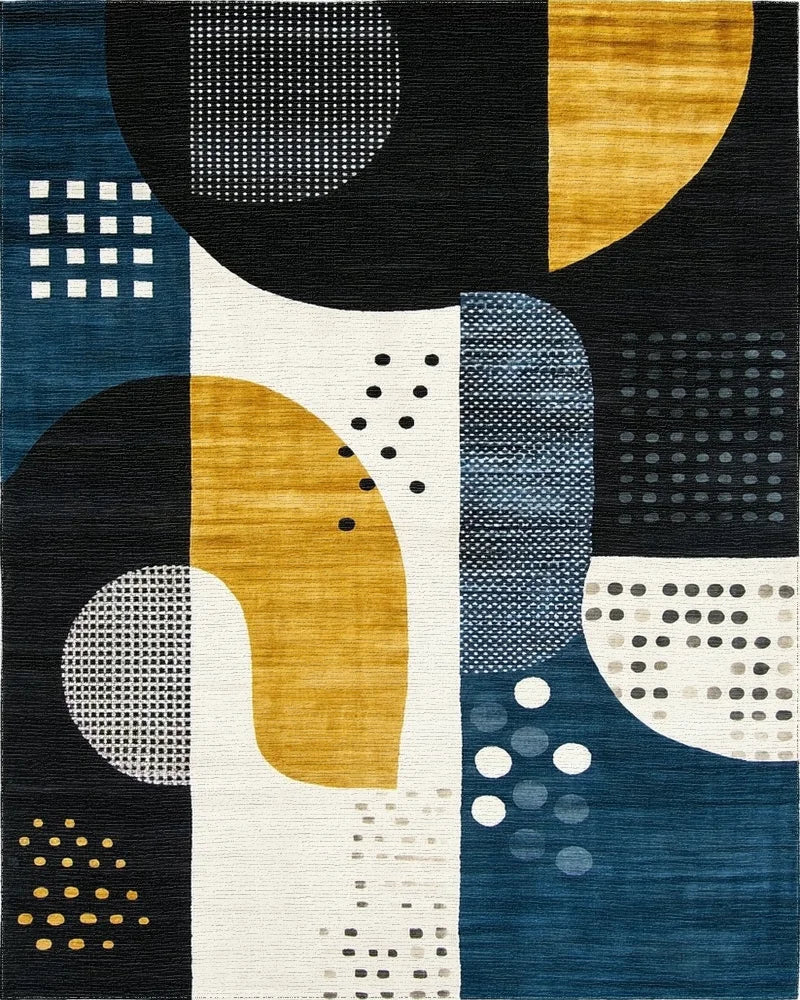 Deep Blue Ochre Geometric Abstract Rug - Cutout View