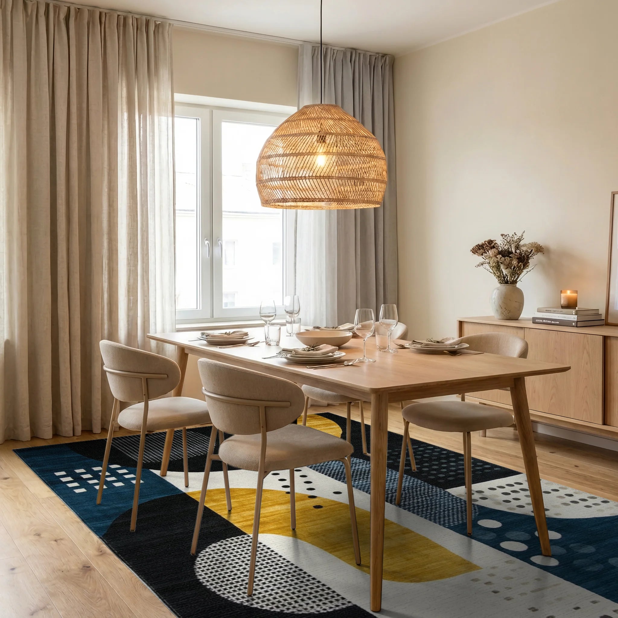 Deep Blue Ochre Geometric Abstract Rug - Dining Room View