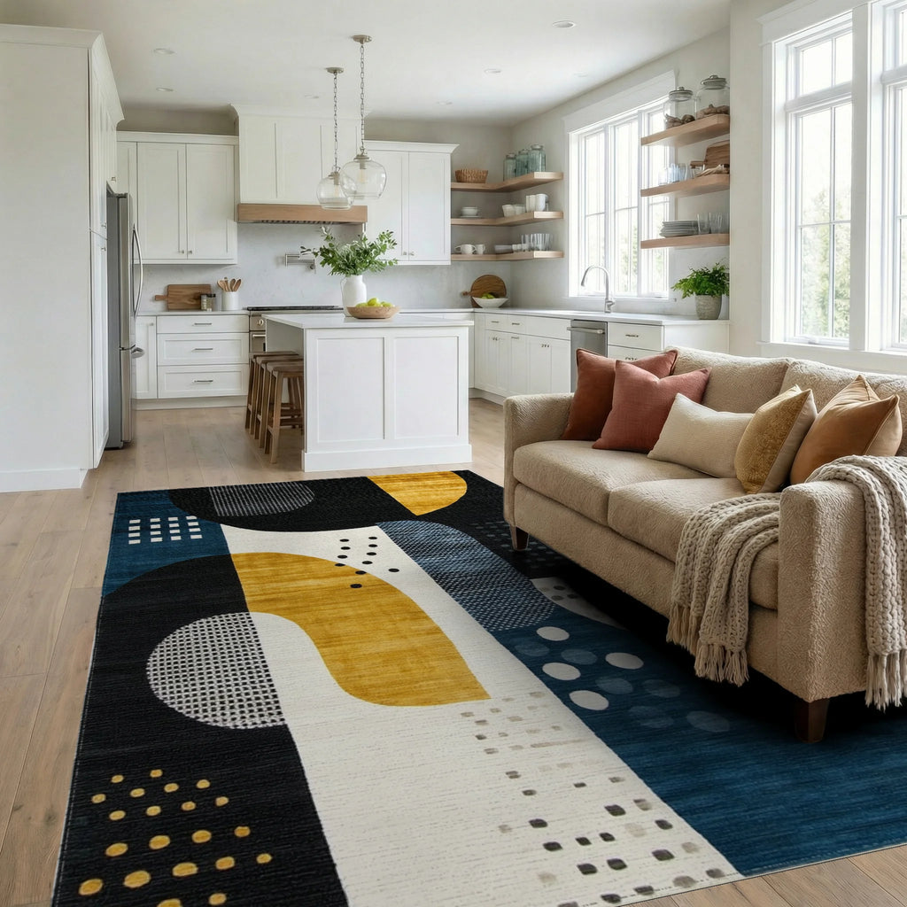 Deep Blue Ochre Geometric Abstract Rug - Living Room View
