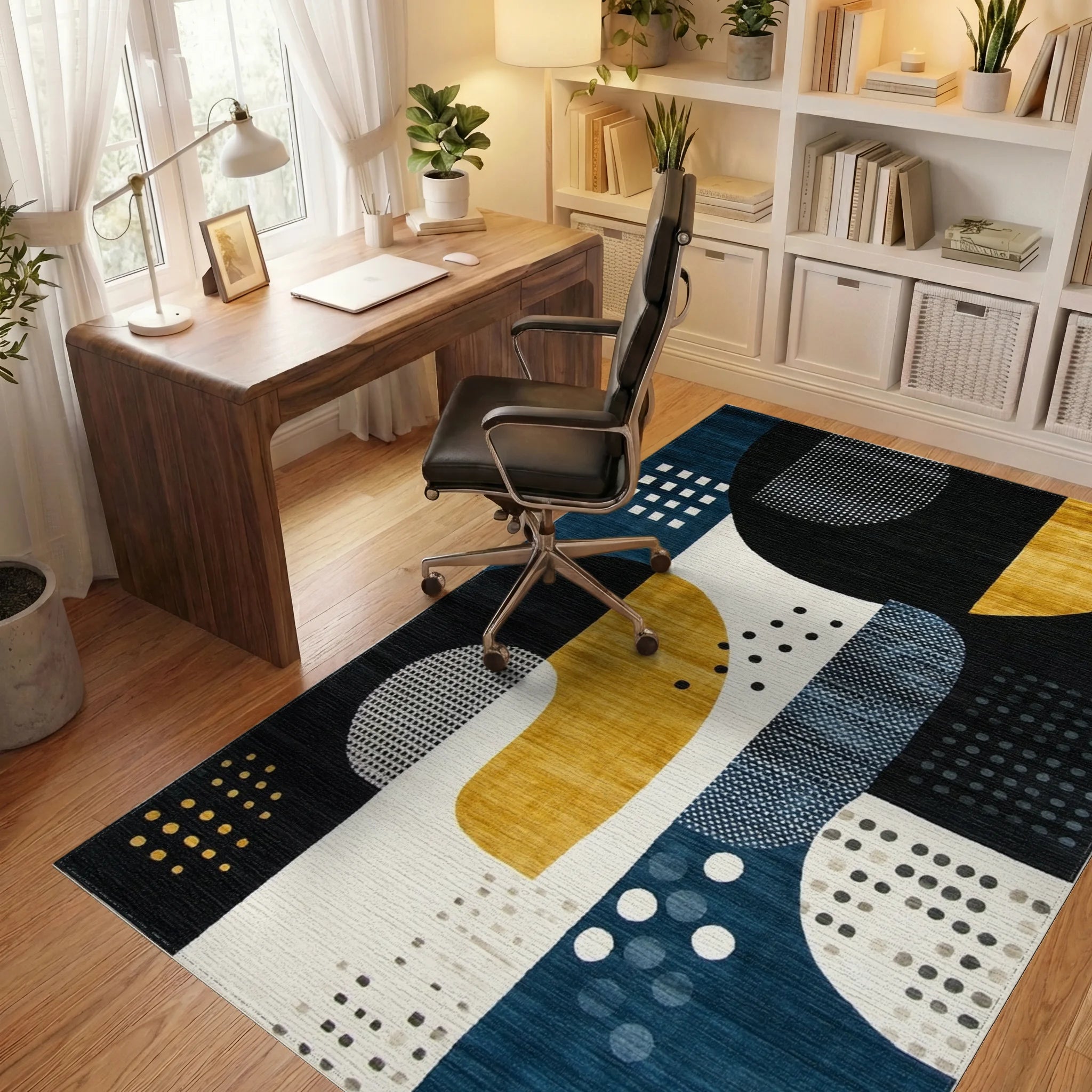 Deep Blue Ochre Geometric Abstract Rug - Office View