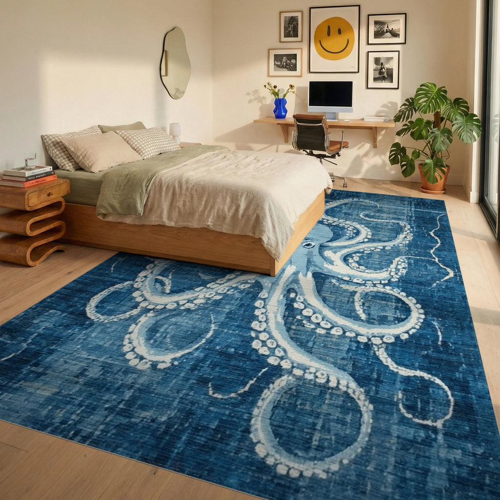Deep Blue Octopus Nautical Rug - Bedroom View