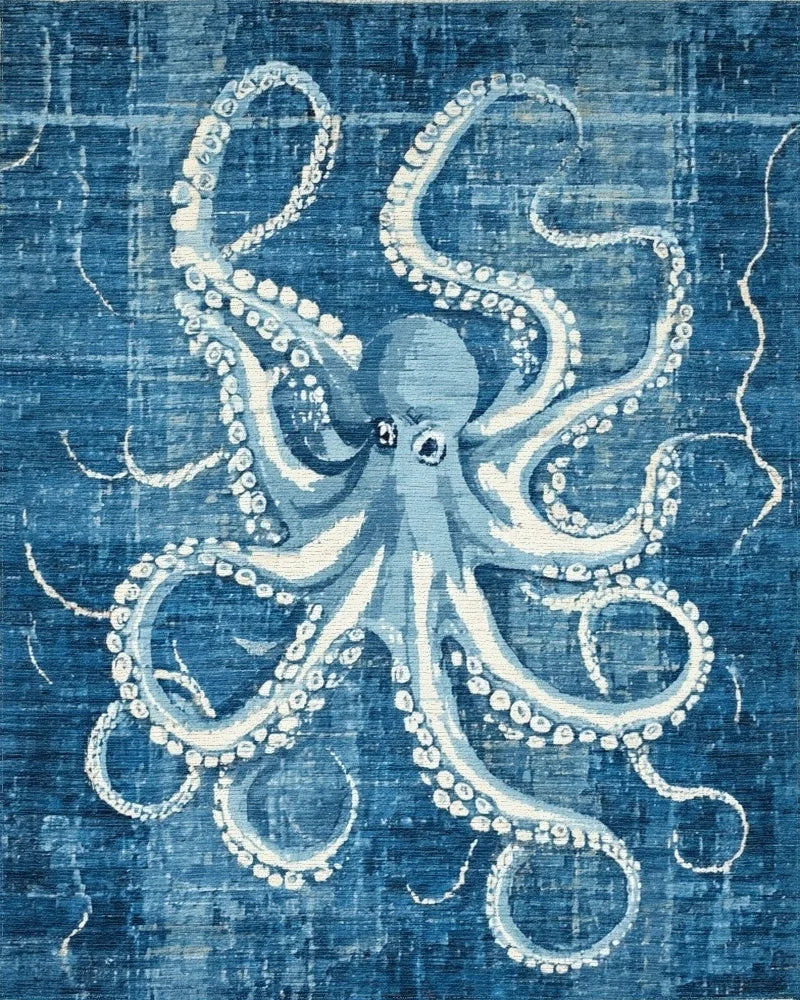 Deep Blue Octopus Nautical Rug - Cutout View