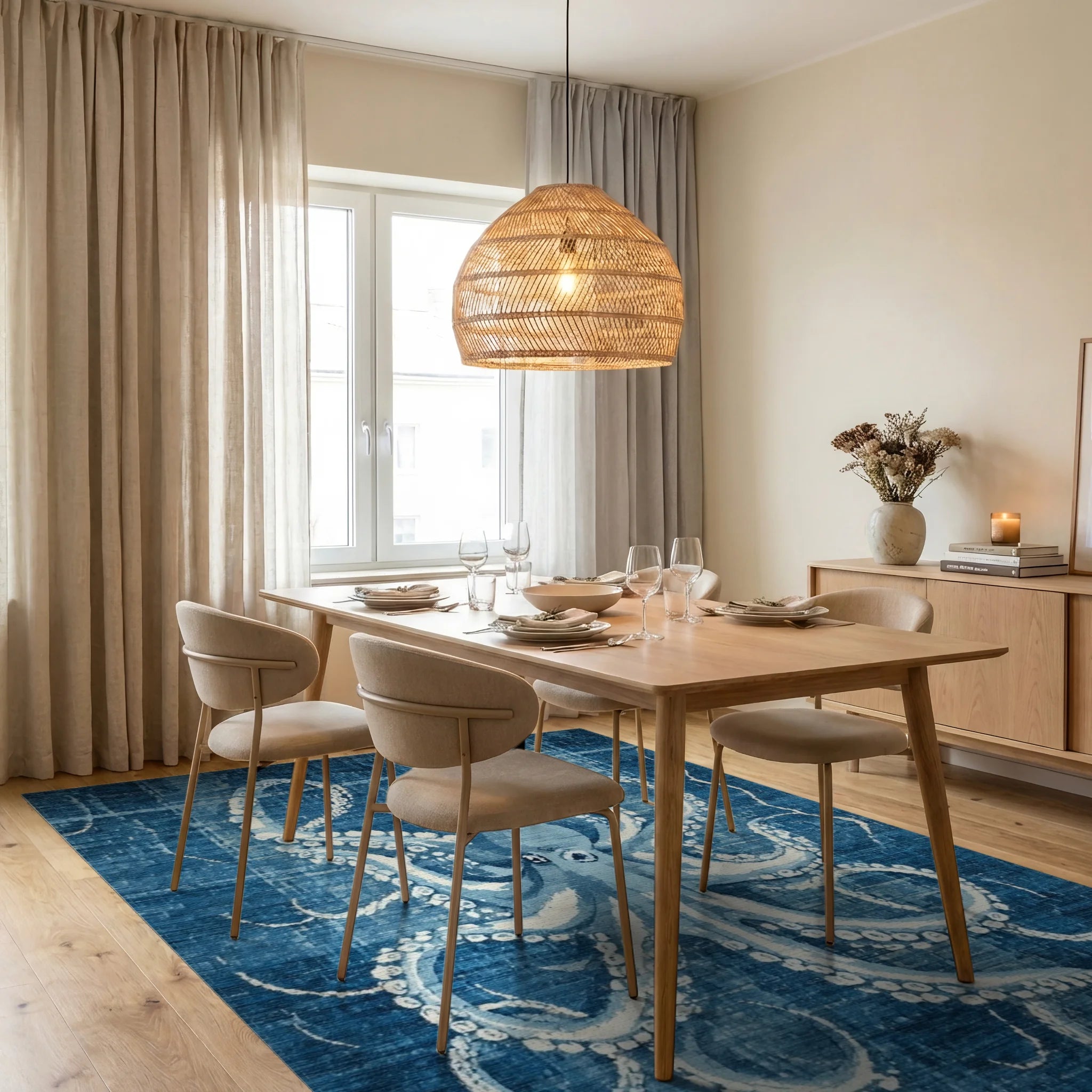 Deep Blue Octopus Nautical Rug - Dining Room View