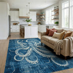 Deep Blue Octopus Nautical Rug - Living Room View