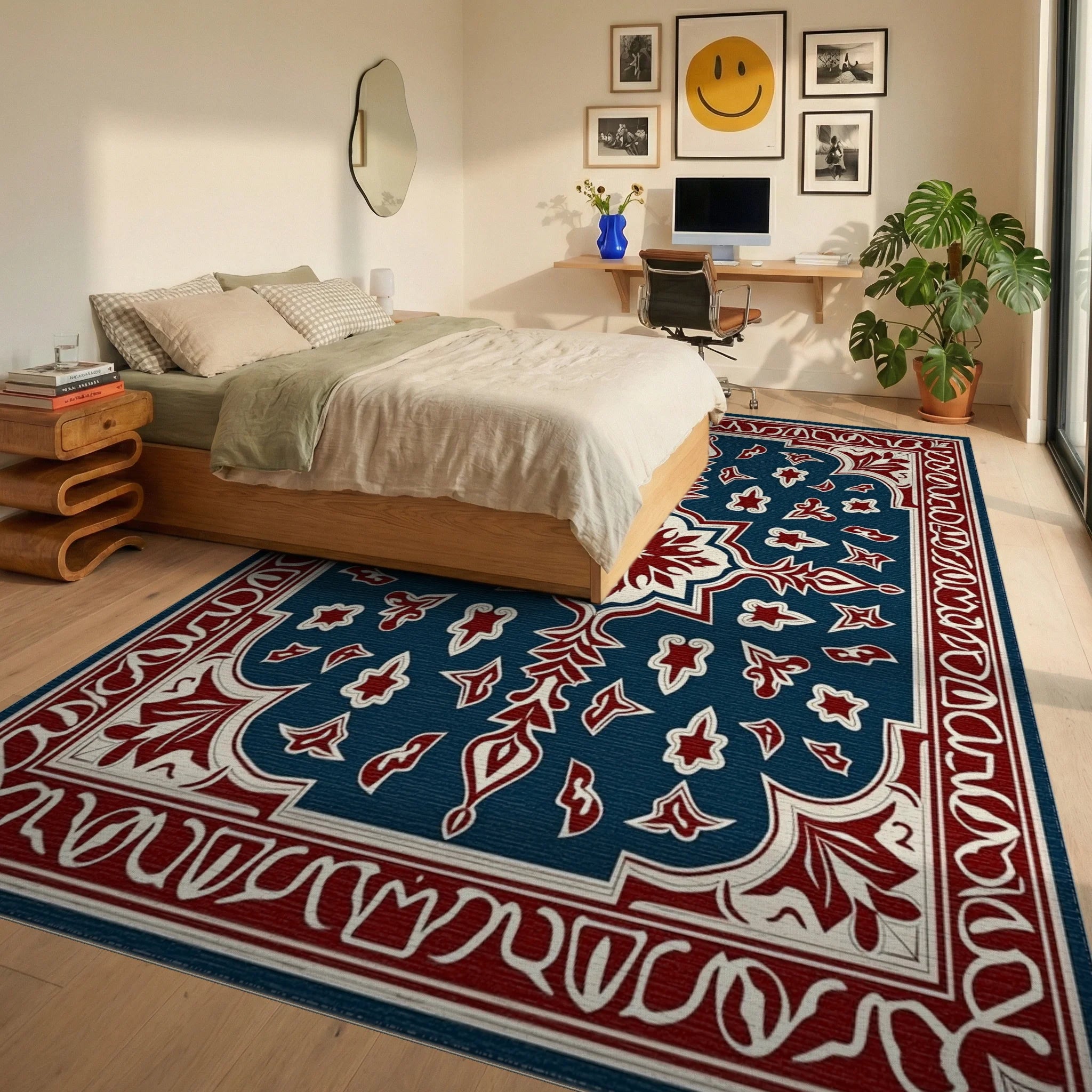 Deep Blue Red Floral Medallion Rug Bedroom View