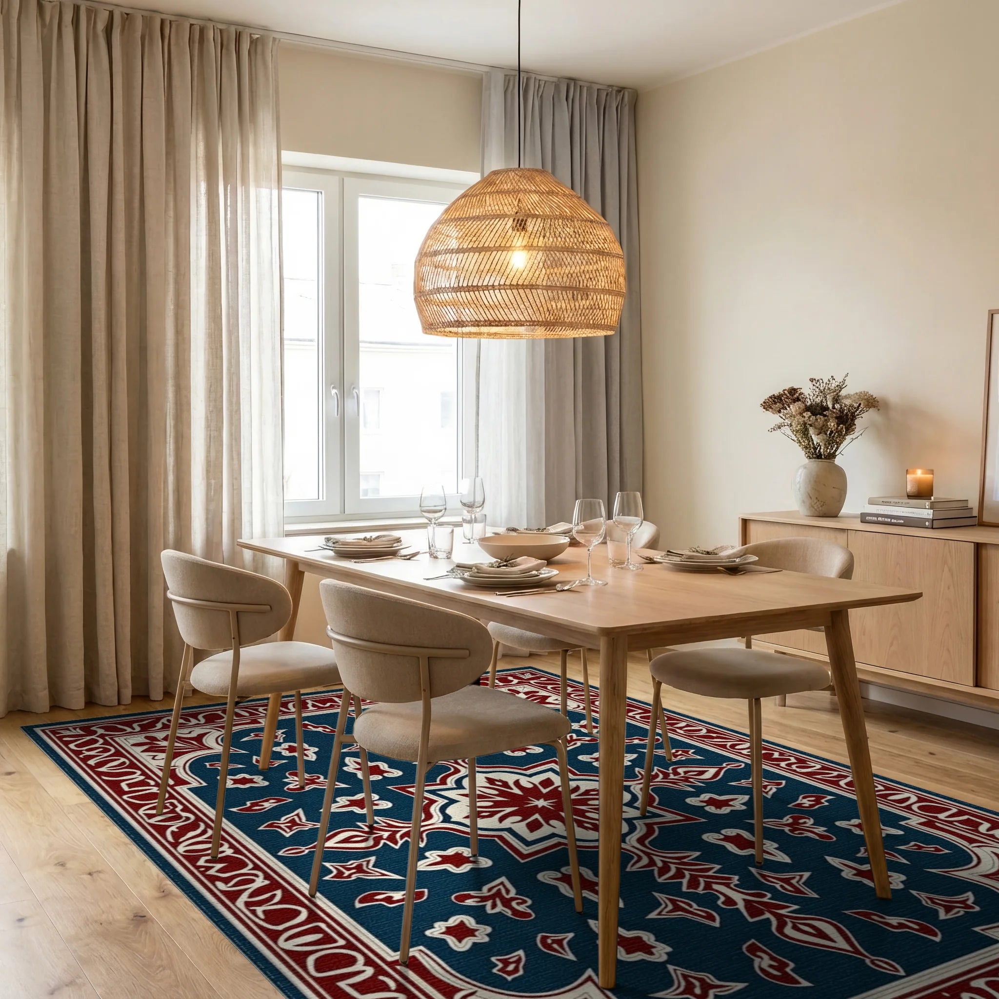 Deep Blue Red Floral Medallion Rug Dining Room View