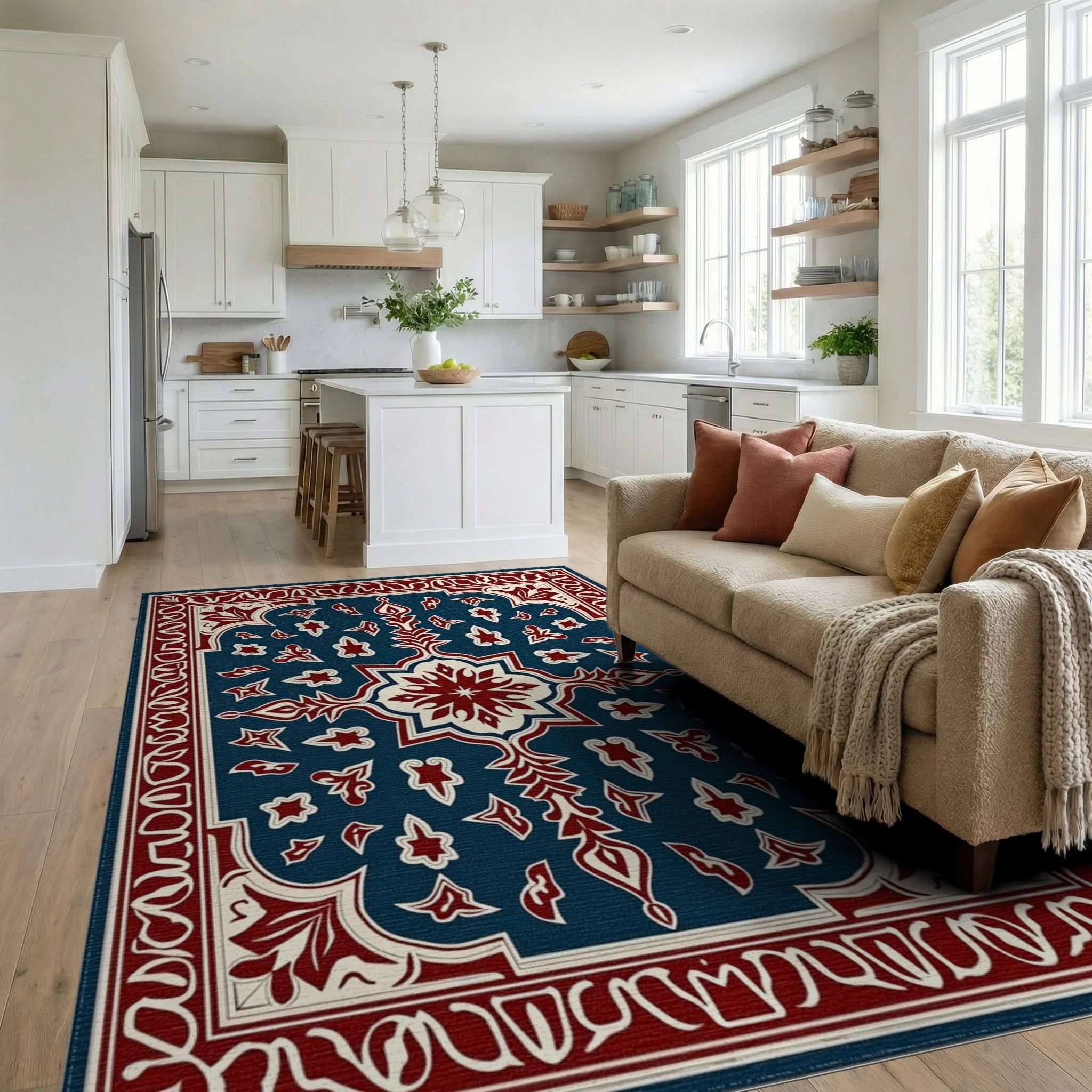 Deep Blue Red Floral Medallion Rug Living Room View