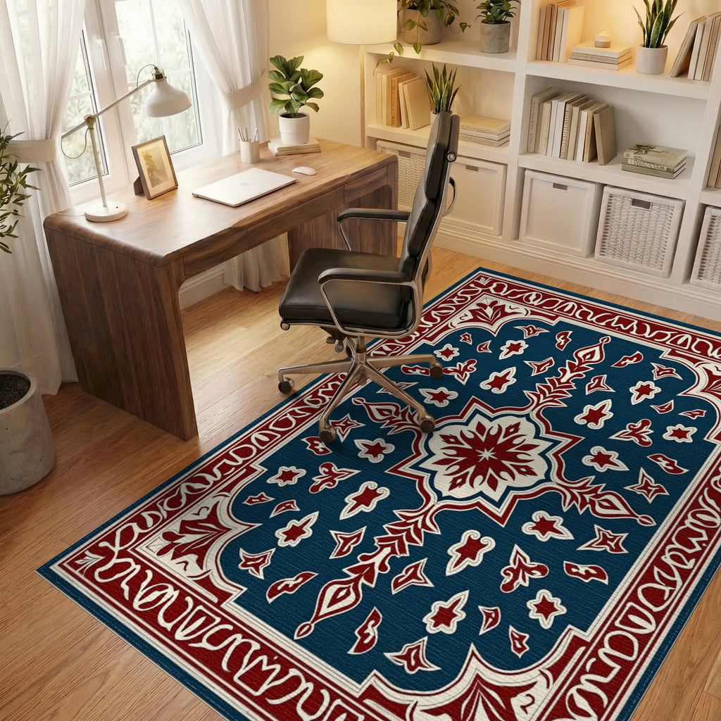 Deep Blue Red Floral Medallion Rug Office View