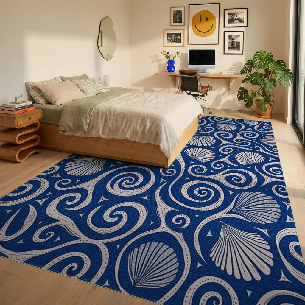 Deep Blue Scallop Swirls Rug Bedroom View