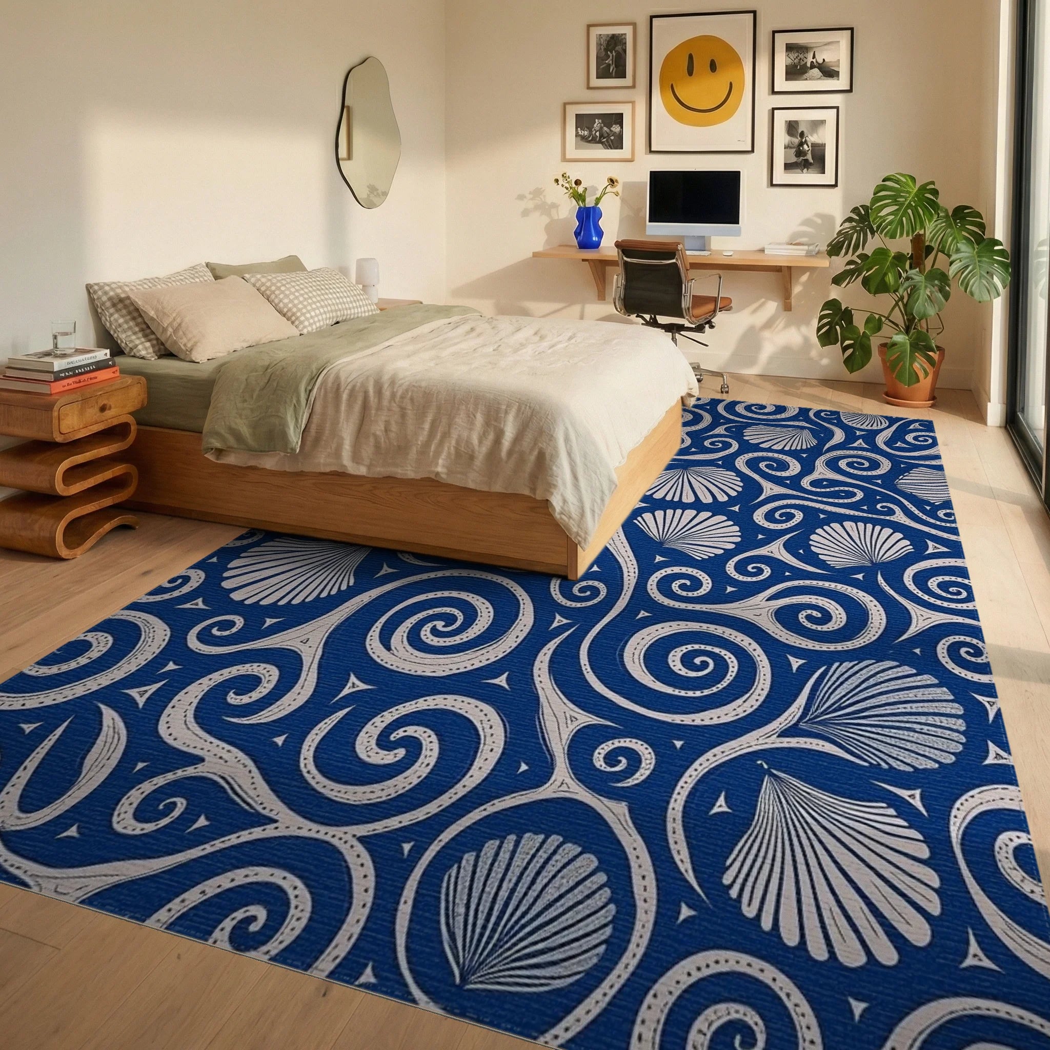 Deep Blue Scallop Swirls Rug Bedroom View