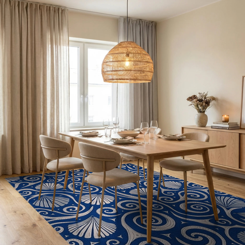 Deep Blue Scallop Swirls Rug Dining Room View
