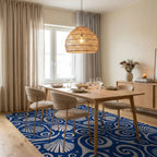 Deep Blue Scallop Swirls Rug Dining Room View