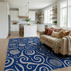 Deep Blue Scallop Swirls Rug Living Room View