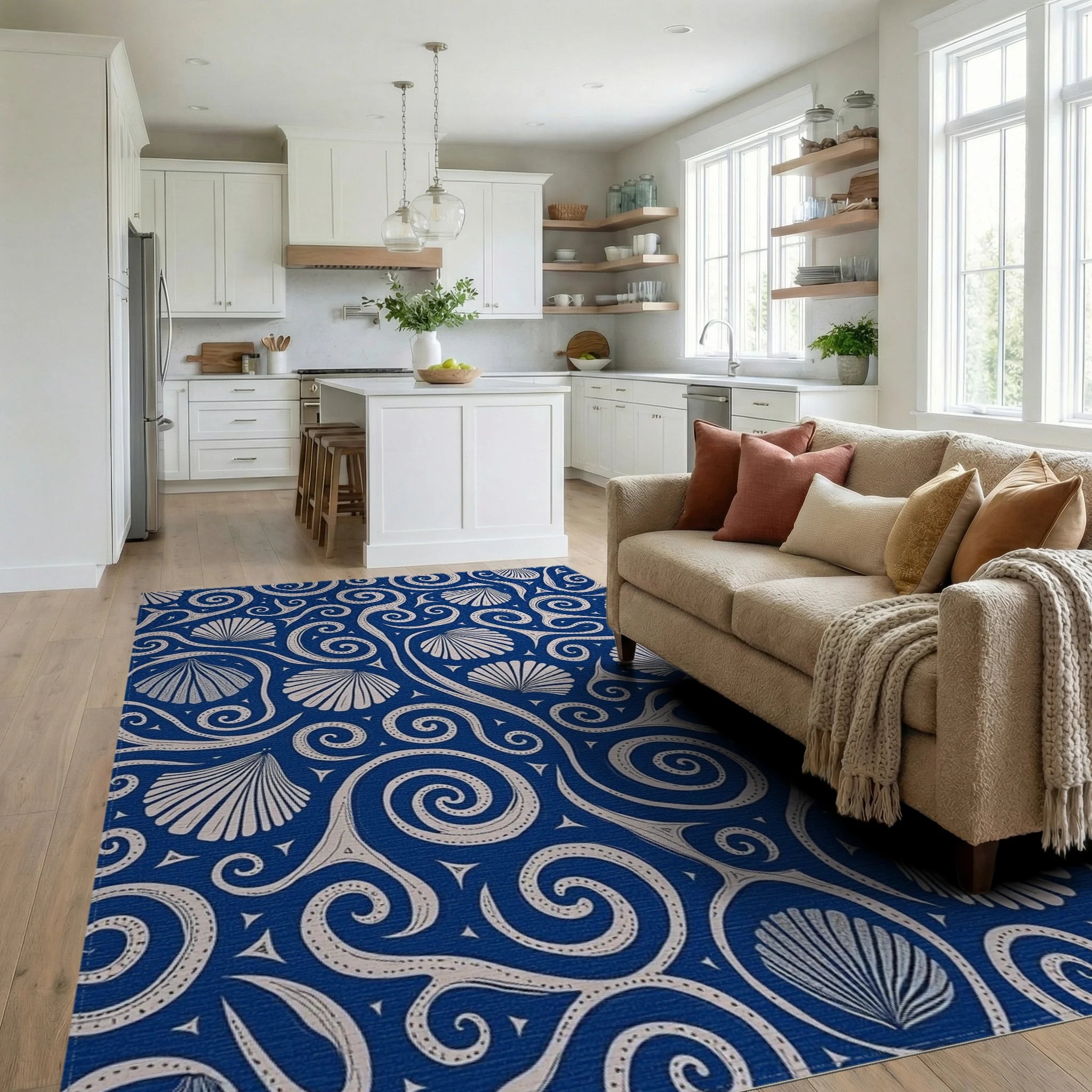 Deep Blue Scallop Swirls Rug Living Room View
