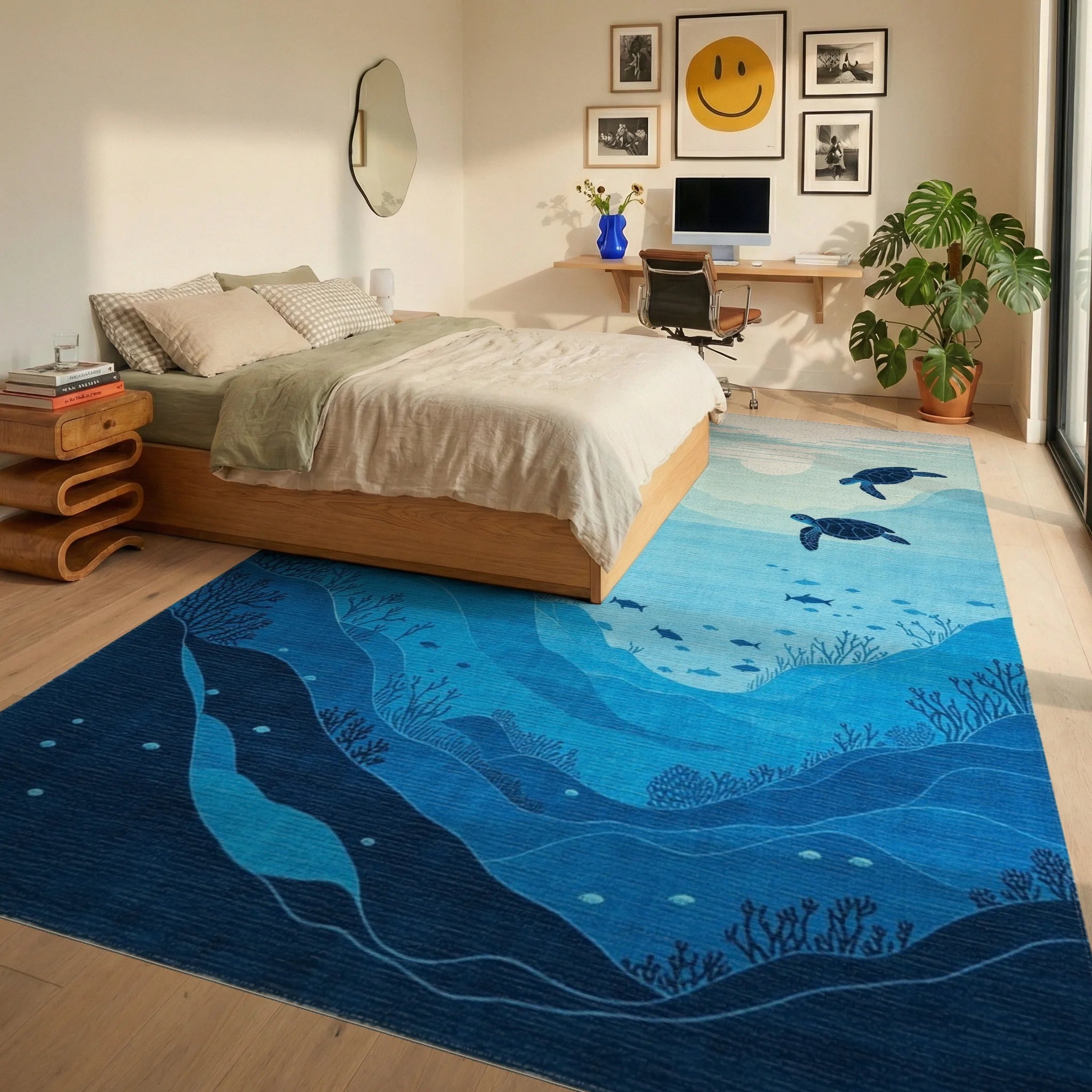 Deep Blue Sea Turtle Marine Life Rug - Bedroom View