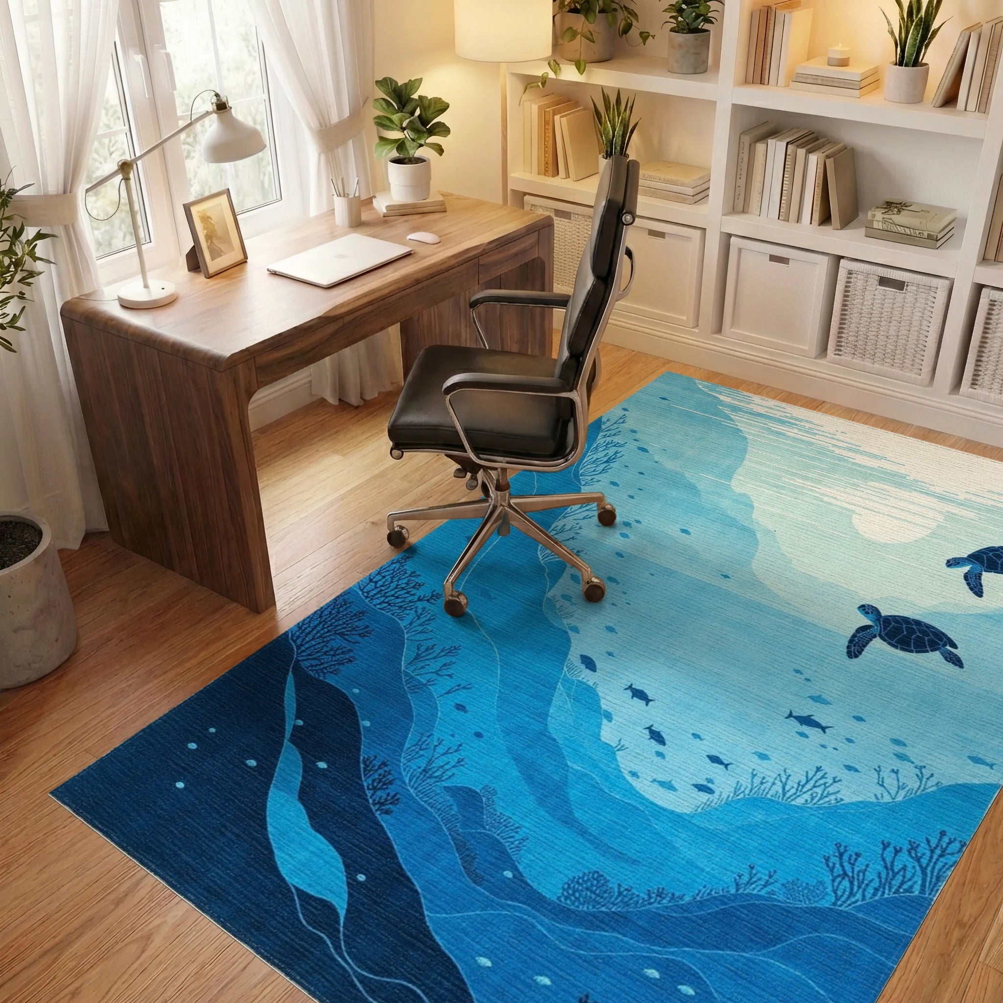 Deep Blue Sea Turtle Marine Life Rug - Office View