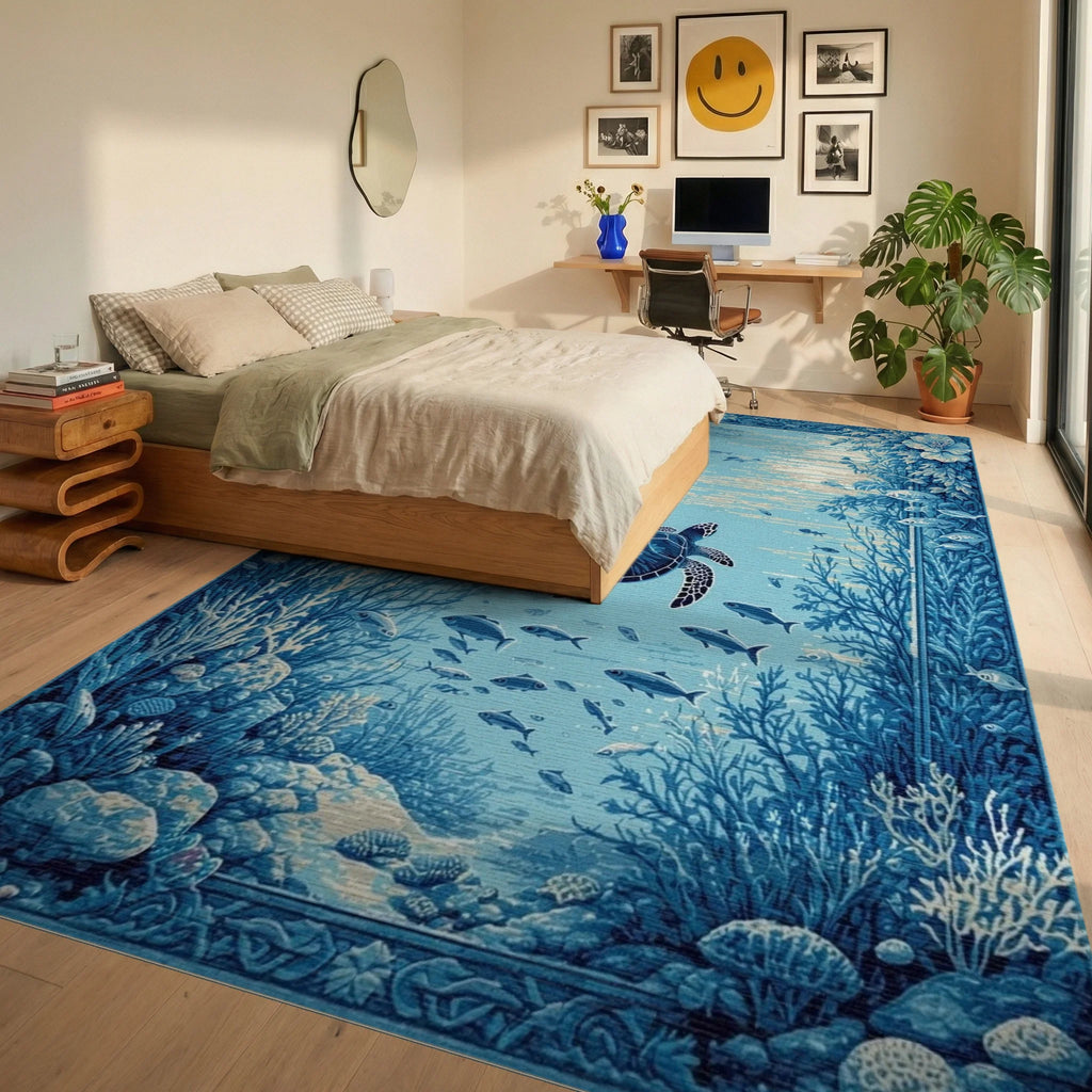 Deep Blue Sea Turtle Reef Rug - Bedroom View