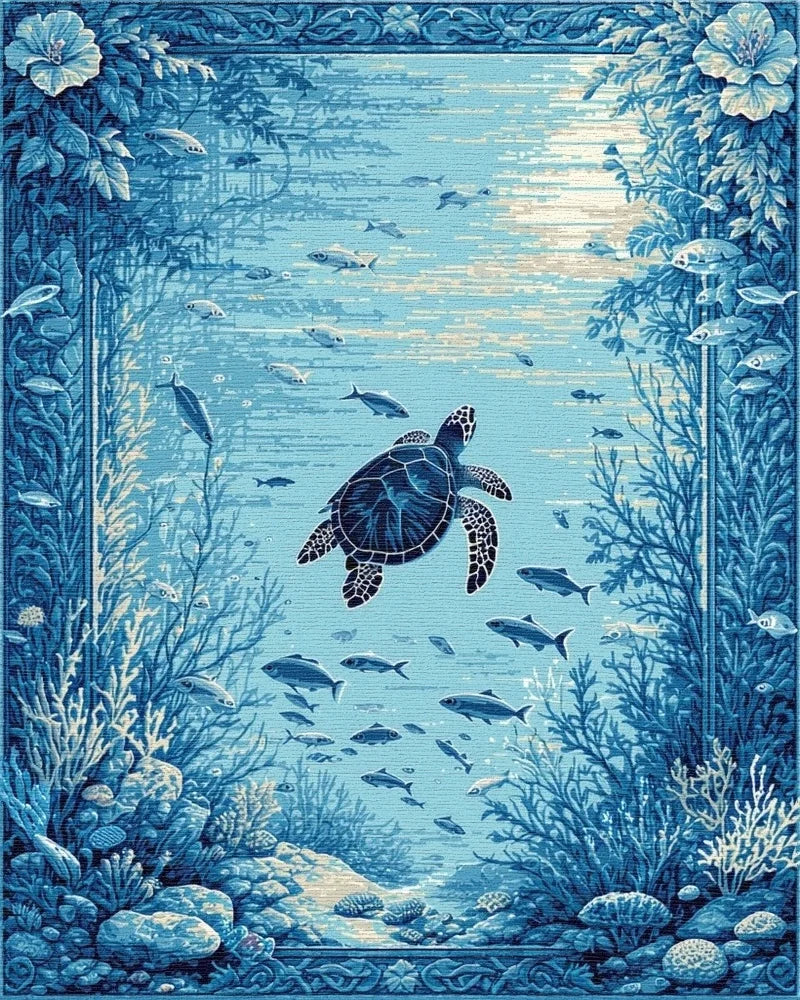 Deep Blue Sea Turtle Reef Rug - Cutout View