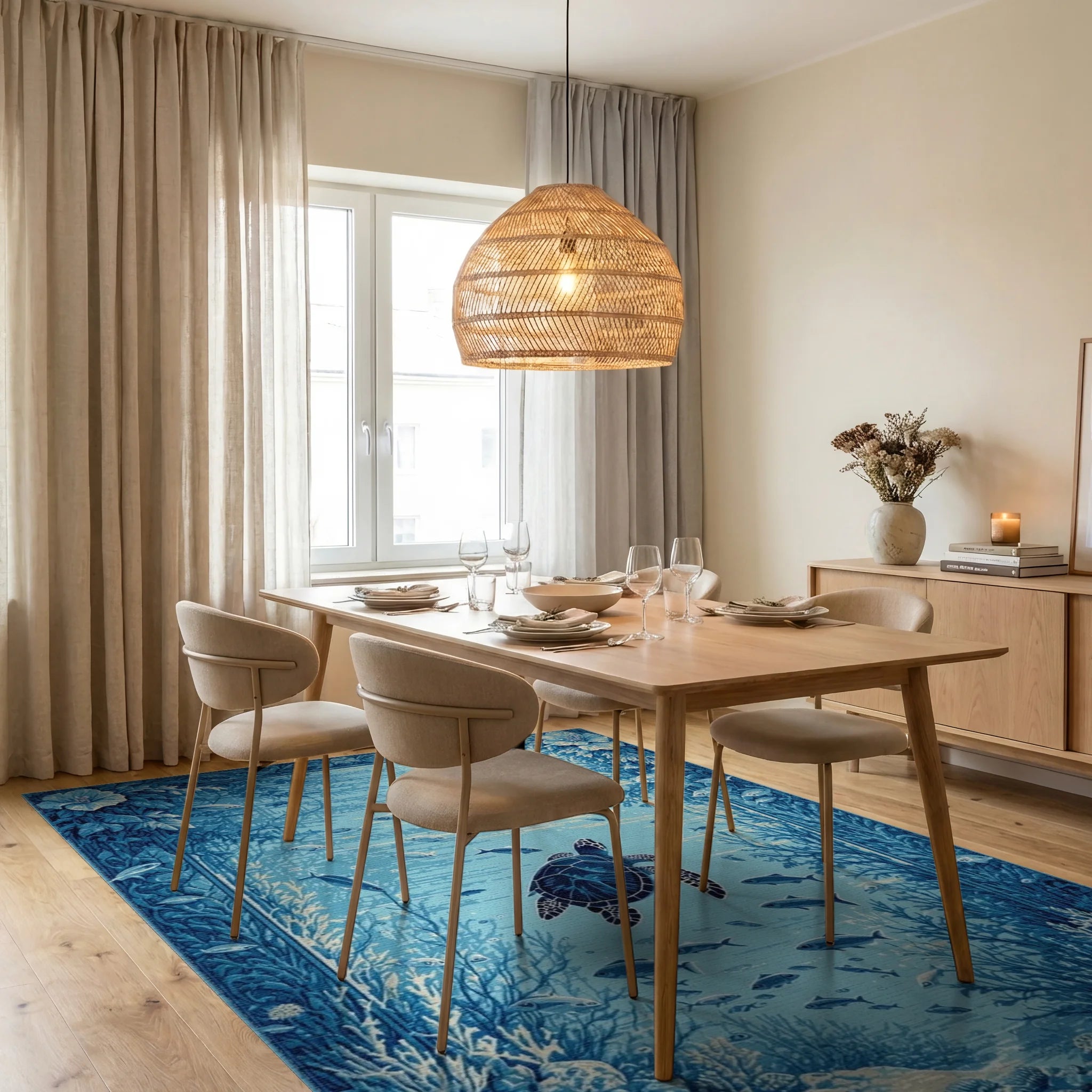 Deep Blue Sea Turtle Reef Rug - Dining Room View
