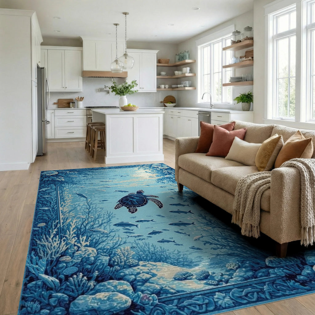 Deep Blue Sea Turtle Reef Rug - Living Room View