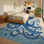 Deep Blue Textured Octopus Swirl Rug - Bedroom View