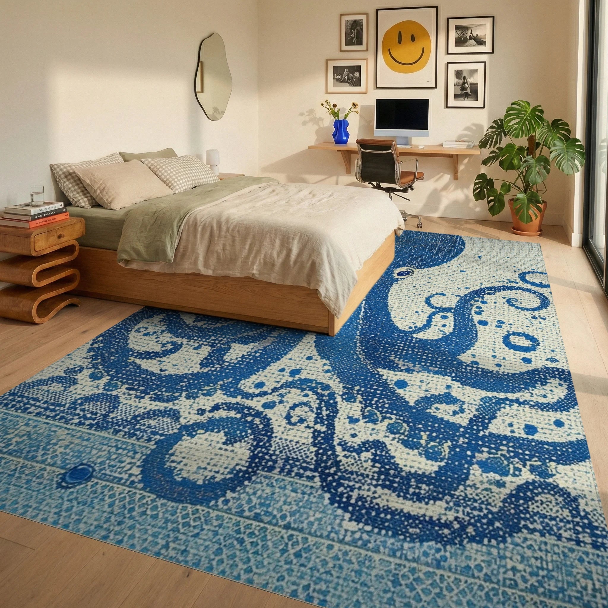Deep Blue Textured Octopus Swirl Rug - Bedroom View