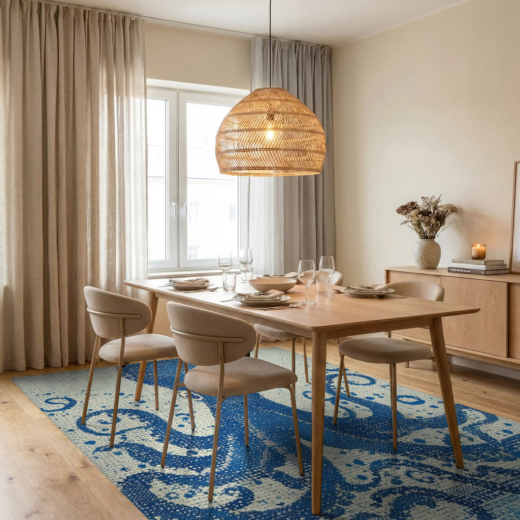 Deep Blue Textured Octopus Swirl Rug - Dining Room View