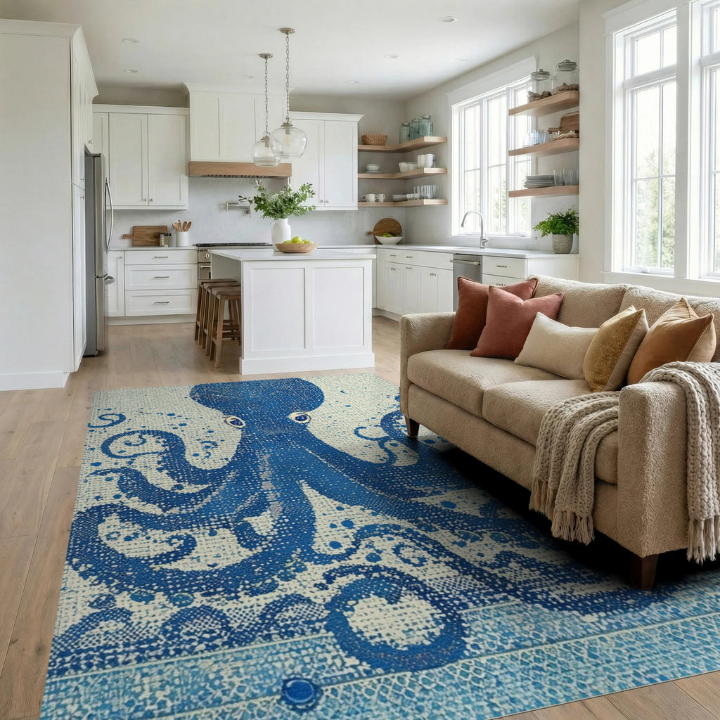Deep Blue Textured Octopus Swirl Rug - Living Room View