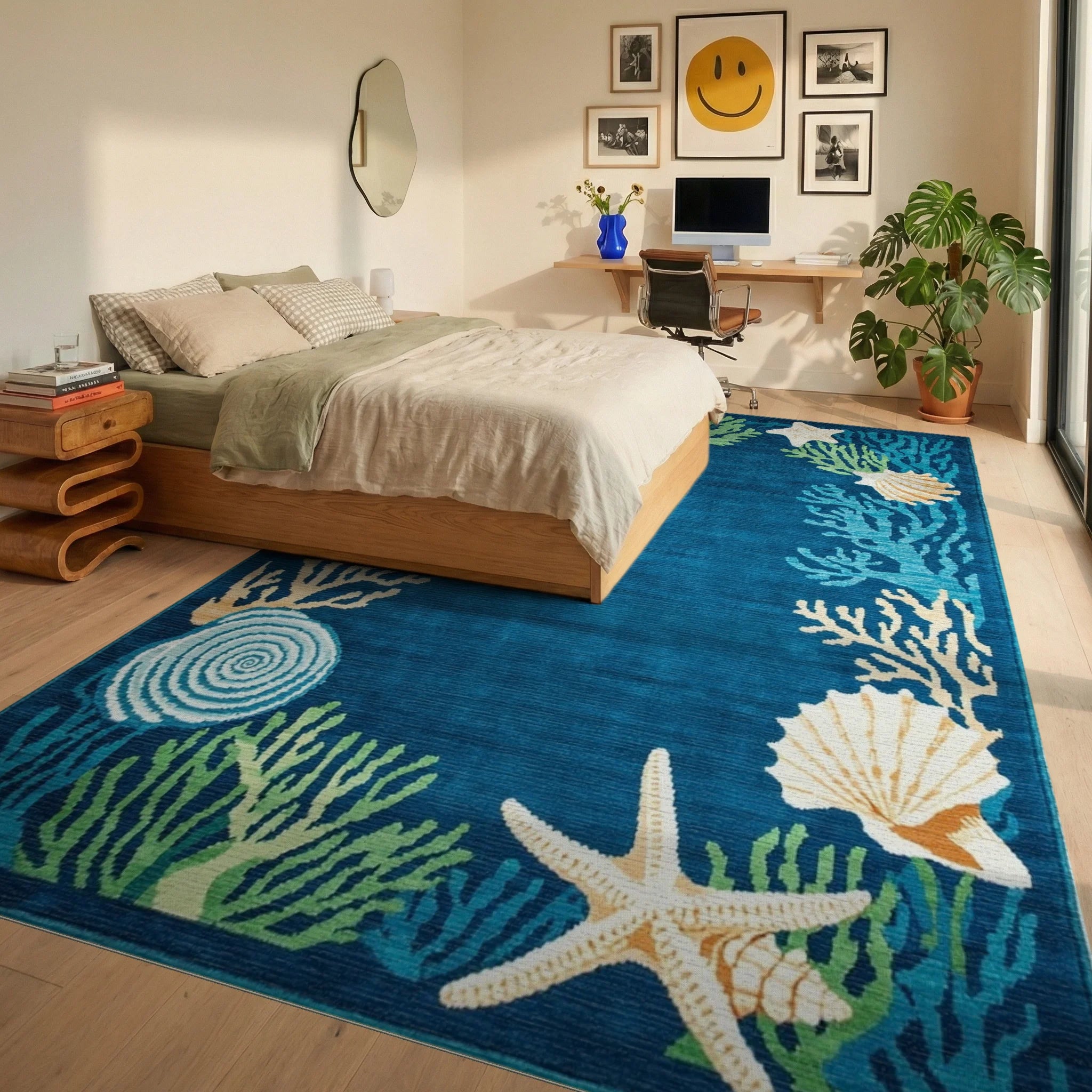 Deep Blue Tropical Coral Seashell Collage Rug - Bedroom View