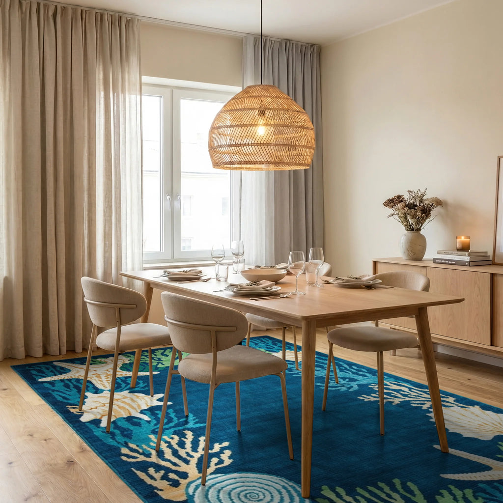 Deep Blue Tropical Coral Seashell Collage Rug - Dining Room View