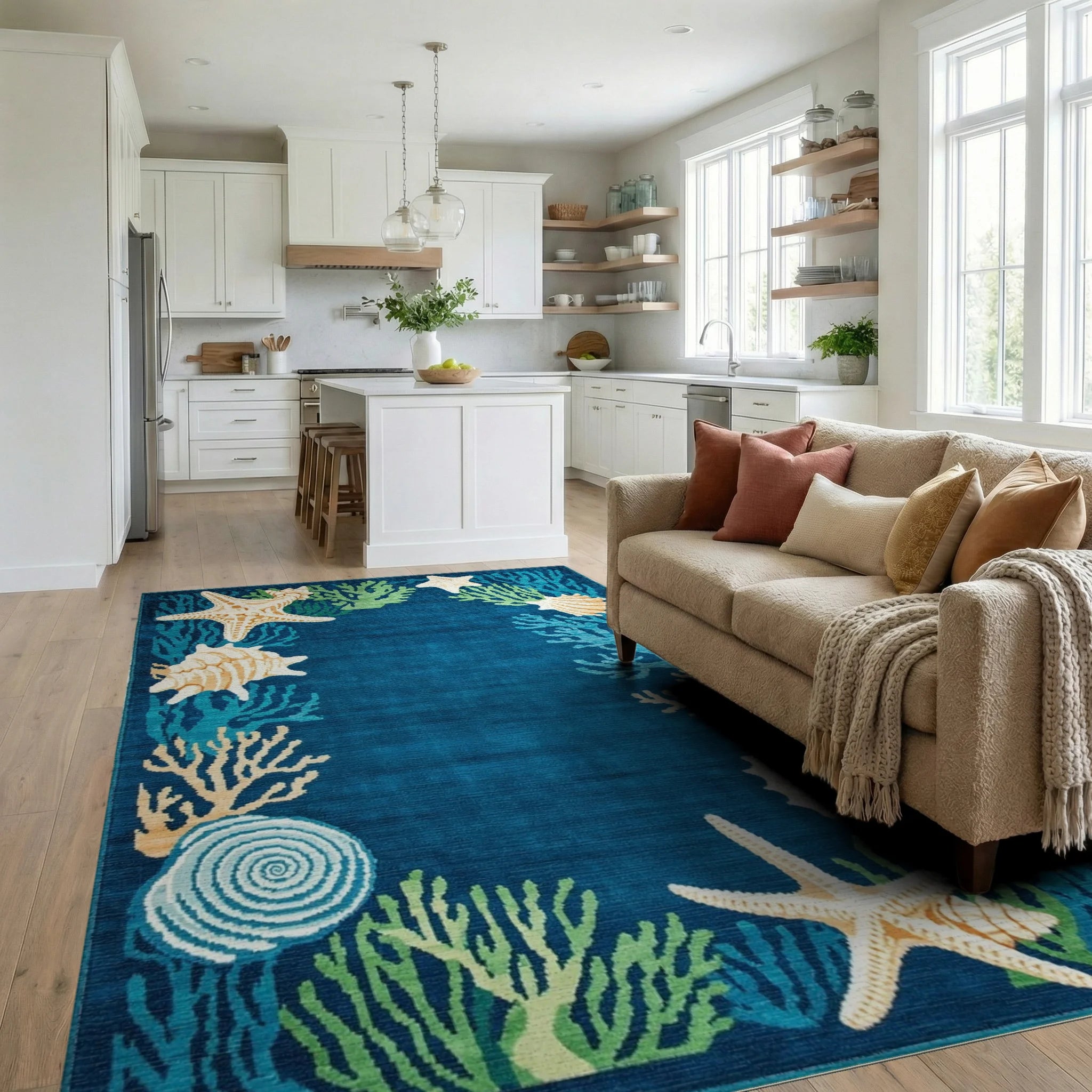 Deep Blue Tropical Coral Seashell Collage Rug - Living Room View