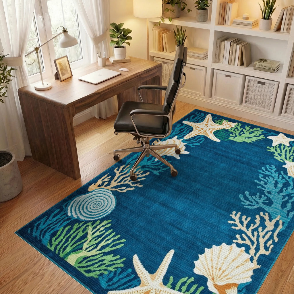 Deep Blue Tropical Coral Seashell Collage Rug - Office View