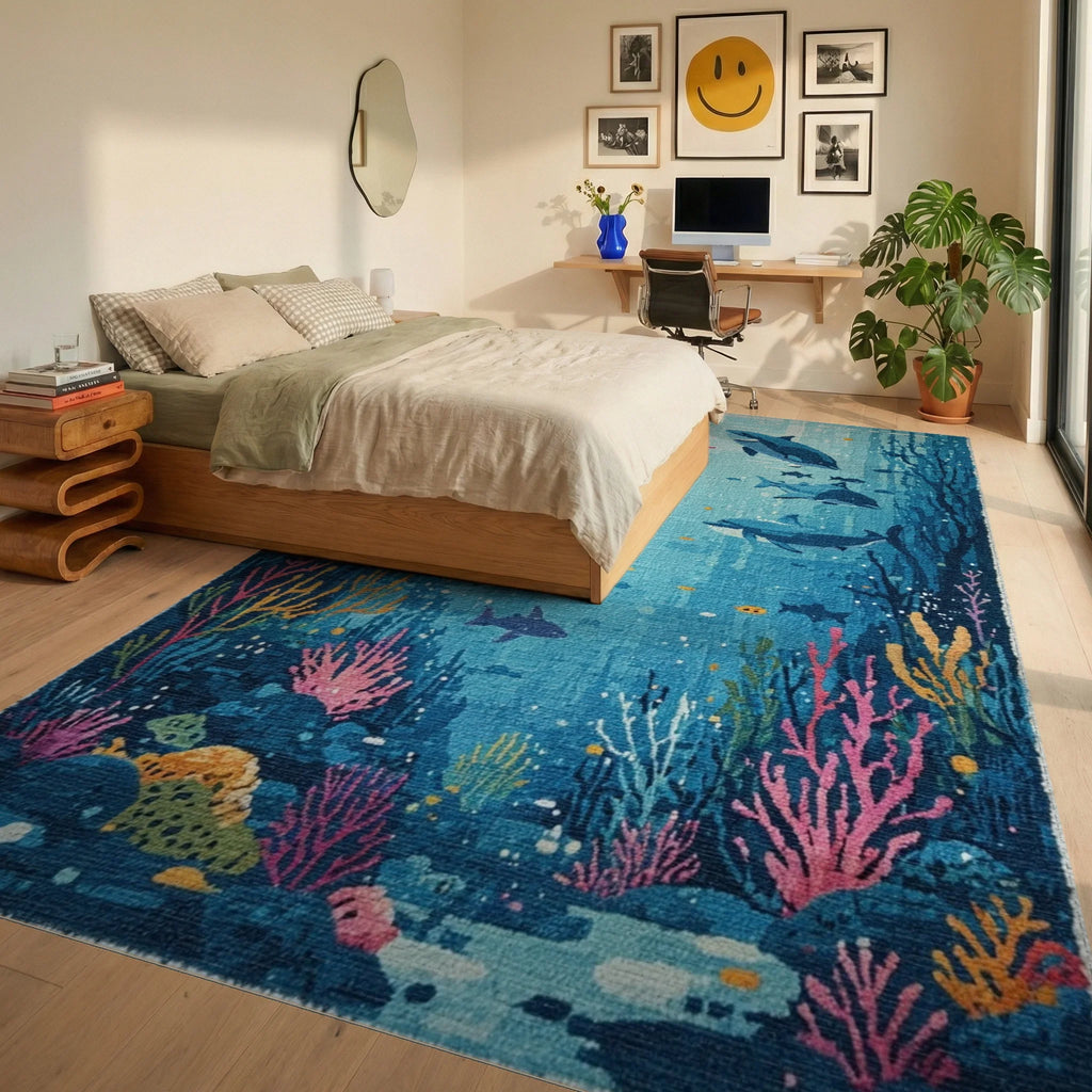 Deep Blue Underwater Dolphin Scene Rug - Bedroom View